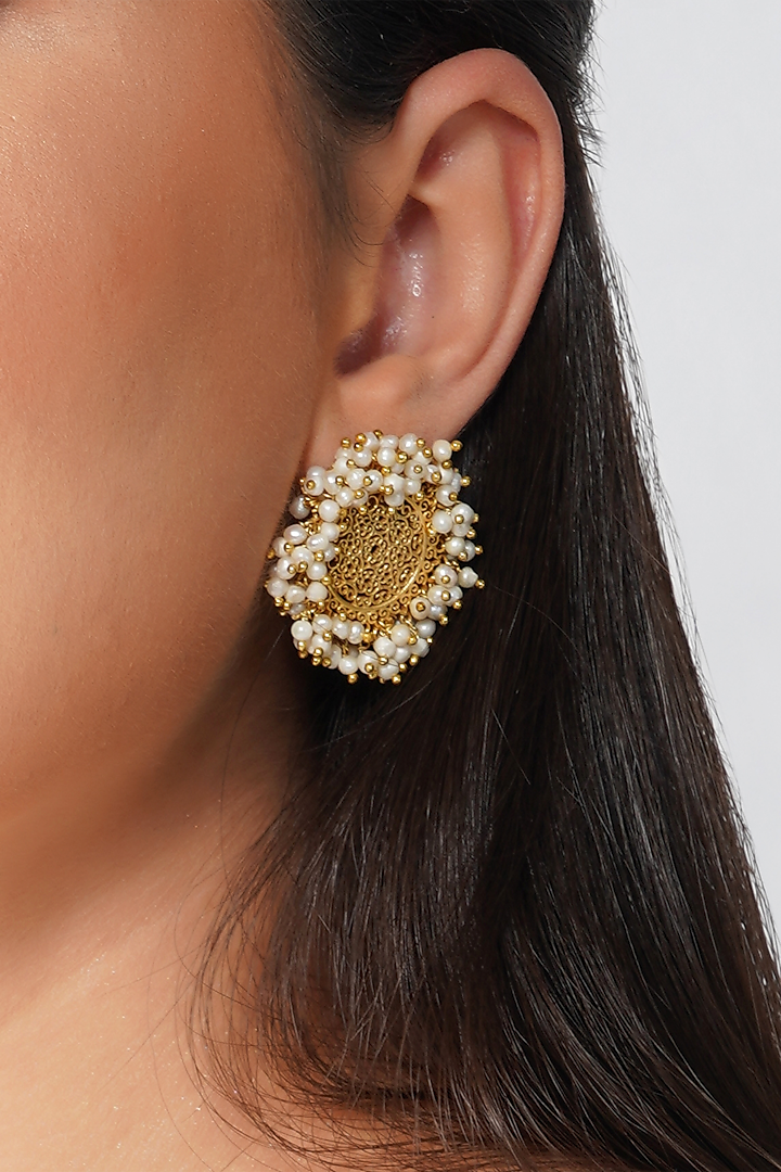 Gold Plated White Pearls Stud Earrings by Zariin