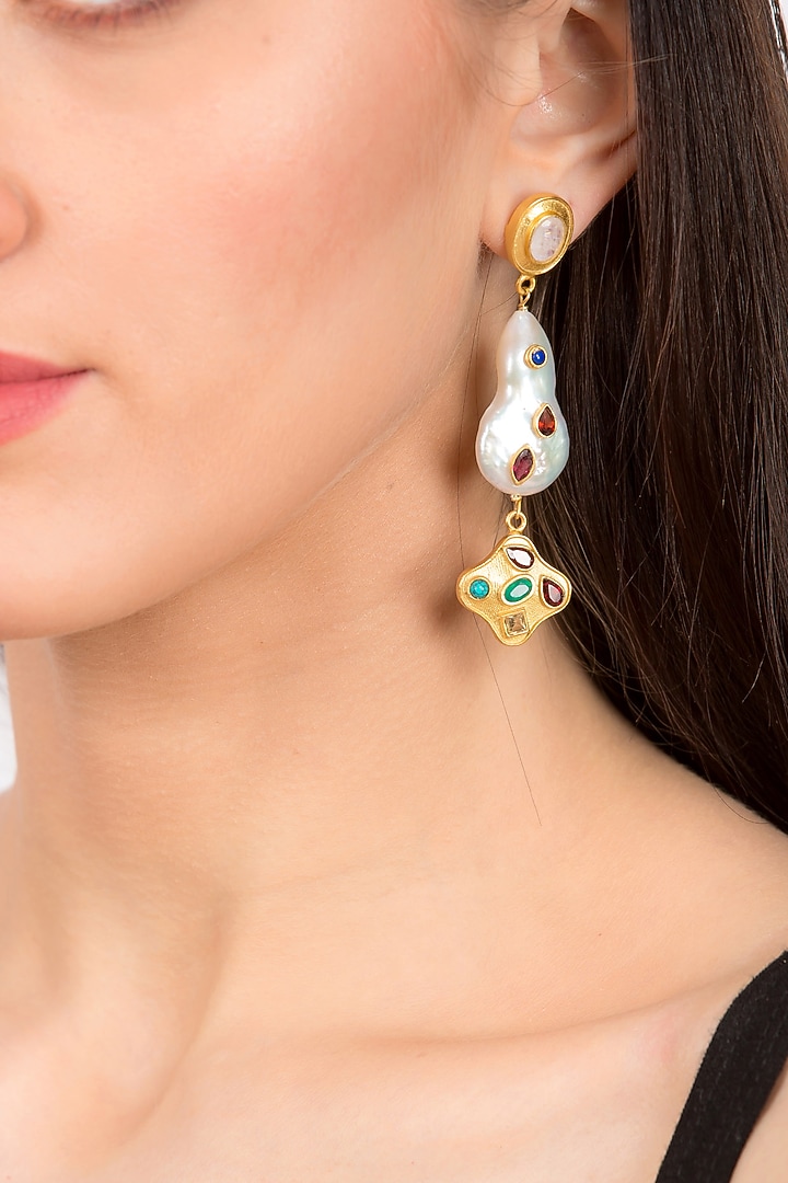 Gold Plated Three Tiered Pearl Earrings by Zariin at Pernia's Pop Up Shop