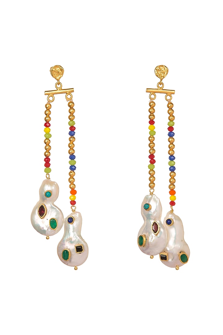 Gold Plated Pearl & Emeralds Earrings by Zariin at Pernia's Pop Up Shop