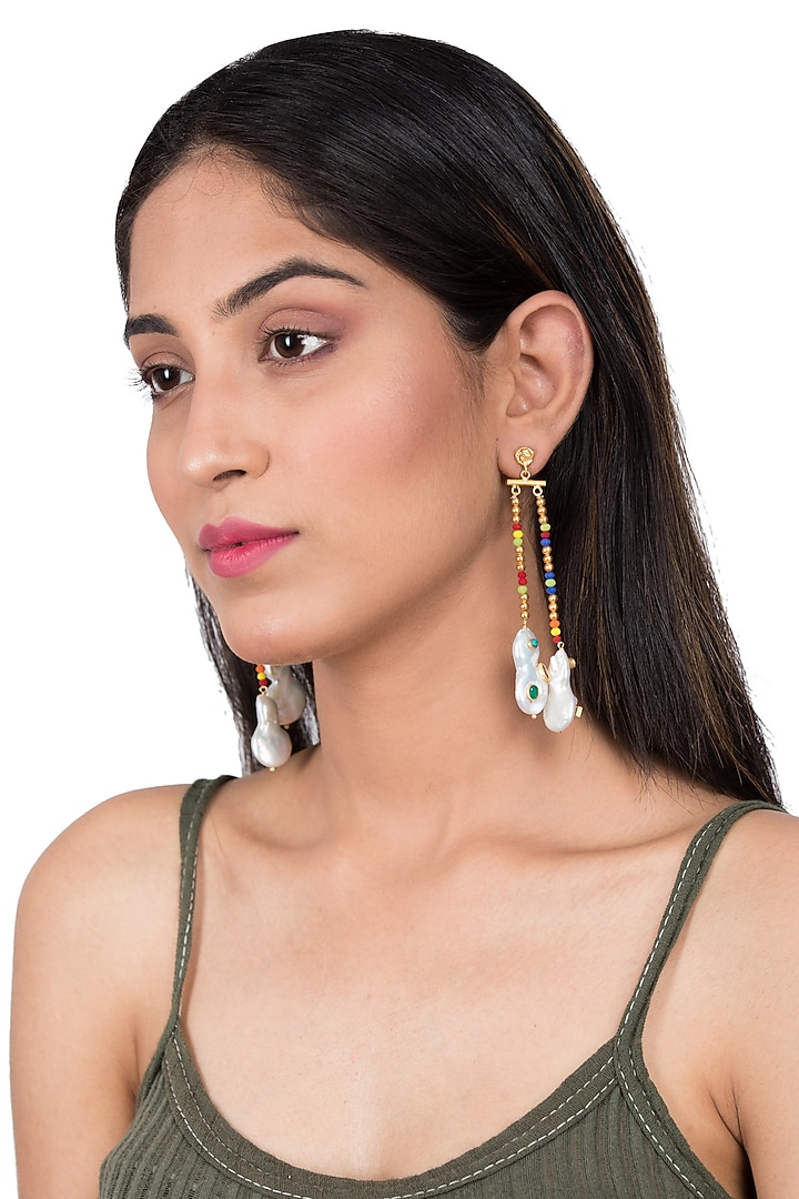 Gold Plated Pearl & Emeralds Earrings by Zariin at Pernia's Pop Up Shop