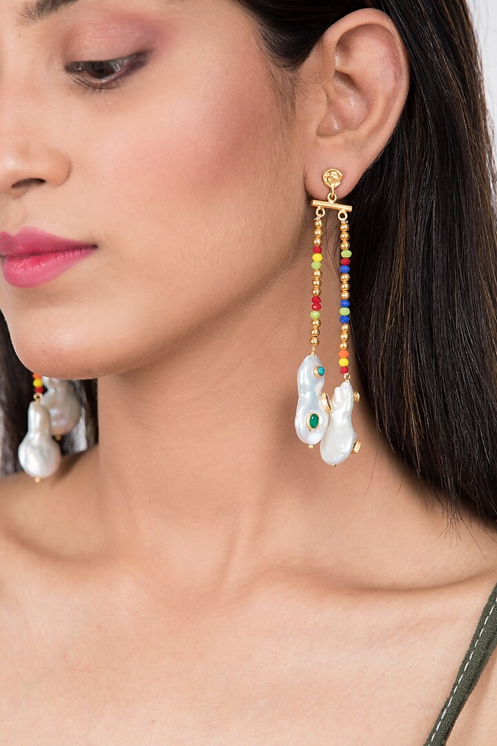 Gold Plated Pearl & Emeralds Earrings by Zariin at Pernia's Pop Up Shop
