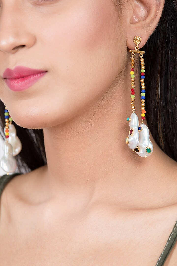 Gold Plated Pearl & Emeralds Earrings by Zariin at Pernia's Pop Up Shop