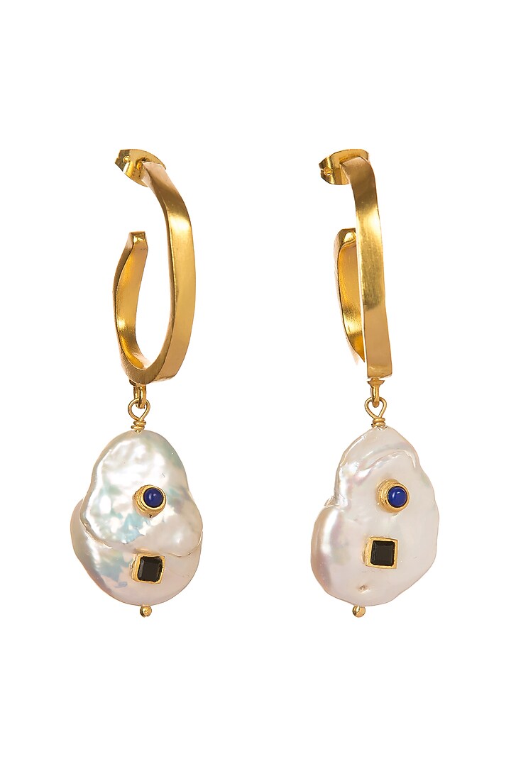 Gold Plated Pearl & Crystals Hoop Earrings by Zariin at Pernia's Pop Up Shop