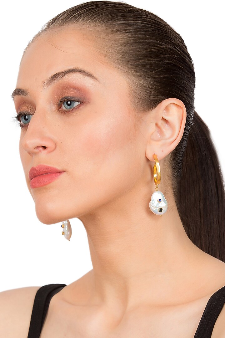 Gold Plated Pearl & Crystals Hoop Earrings by Zariin at Pernia's Pop Up Shop
