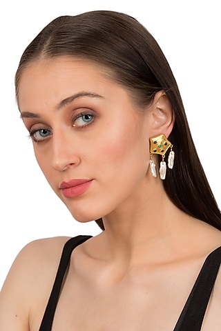 Gold Plated Pearl Stud Earrings by Zariin