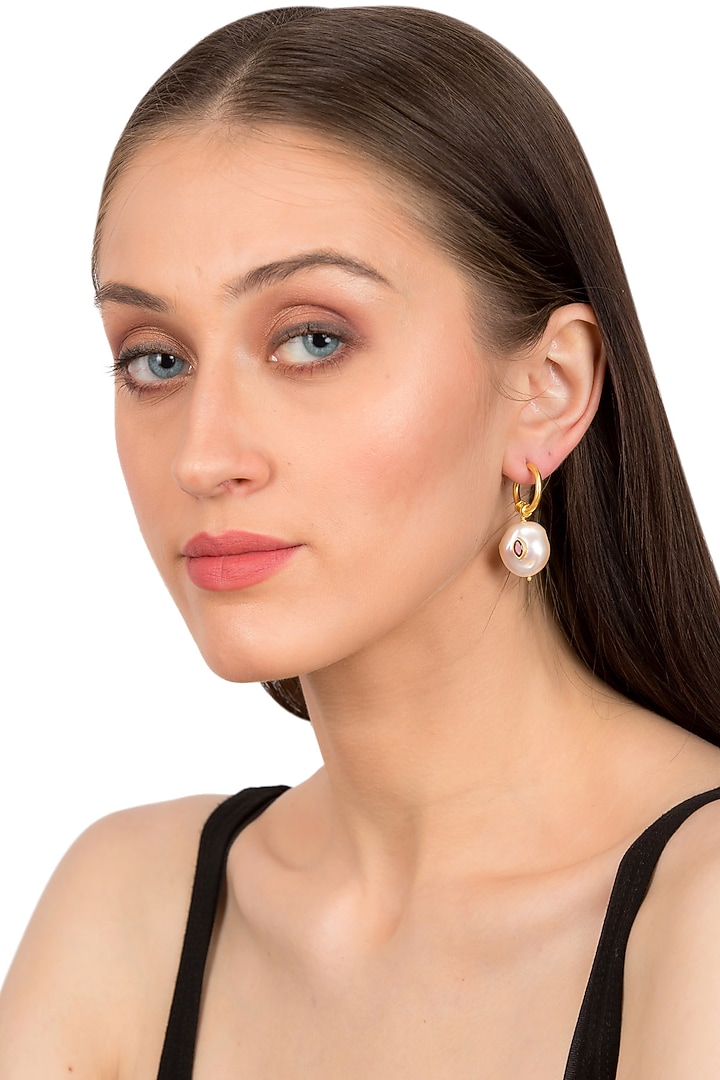 Gold Plated Hoop Earrings With Pearl by Zariin at Pernia's Pop Up Shop
