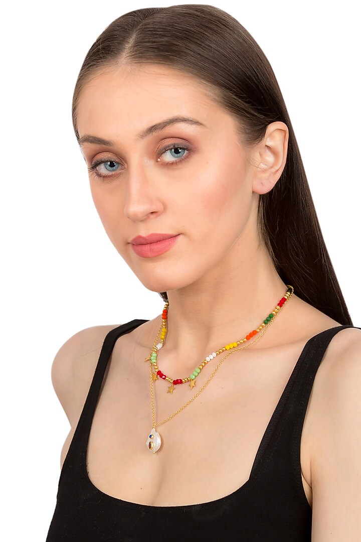 Gold Plated Beaded Star Motifs Layered Necklace by Zariin at Pernia's Pop Up Shop