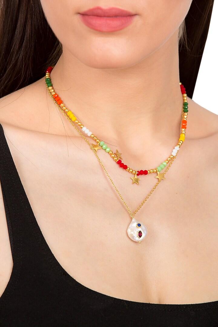 Gold Plated Beaded Star Motifs Layered Necklace by Zariin at Pernia's Pop Up Shop