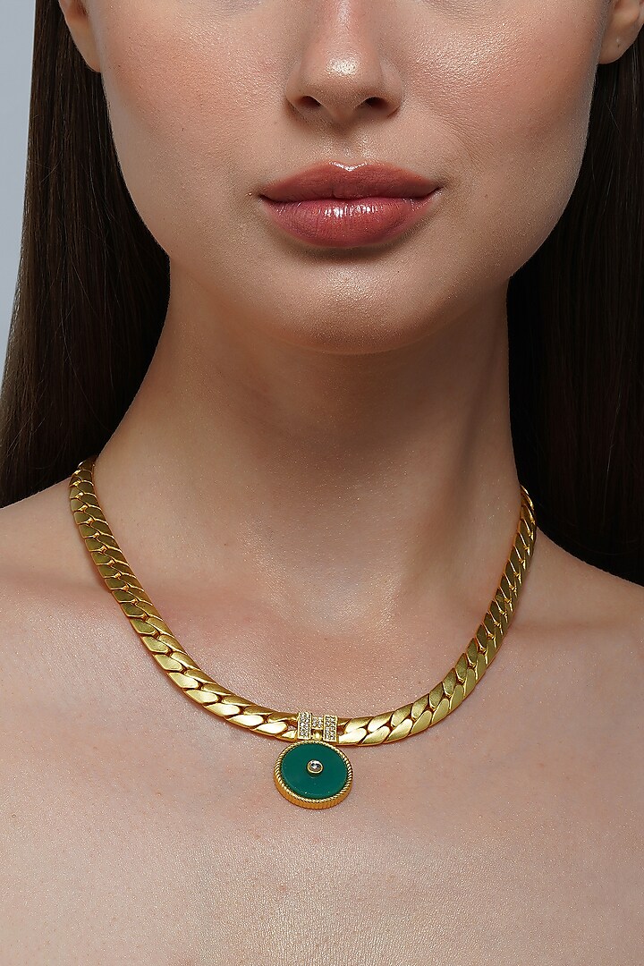 Gold Plated Green Onyx Pendant Necklace by Zariin
