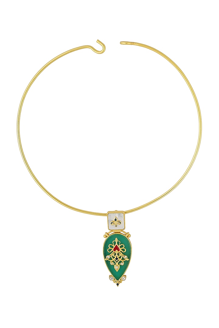 Gold Plated Green Onyx Enameled Pendant Necklace by Zariin at Pernia's Pop Up Shop