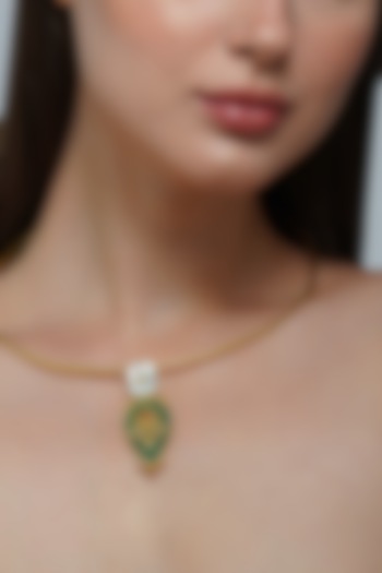 Gold Plated Green Onyx Enameled Pendant Necklace by Zariin
