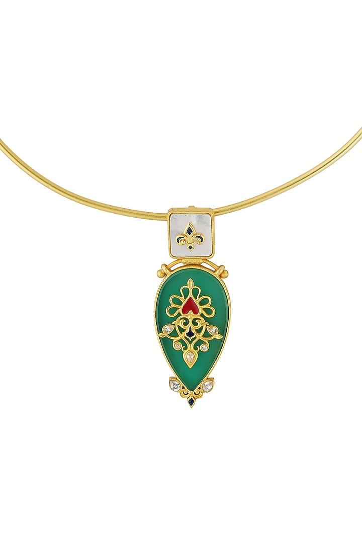 Gold Plated Green Onyx Enameled Pendant Necklace by Zariin at Pernia's Pop Up Shop