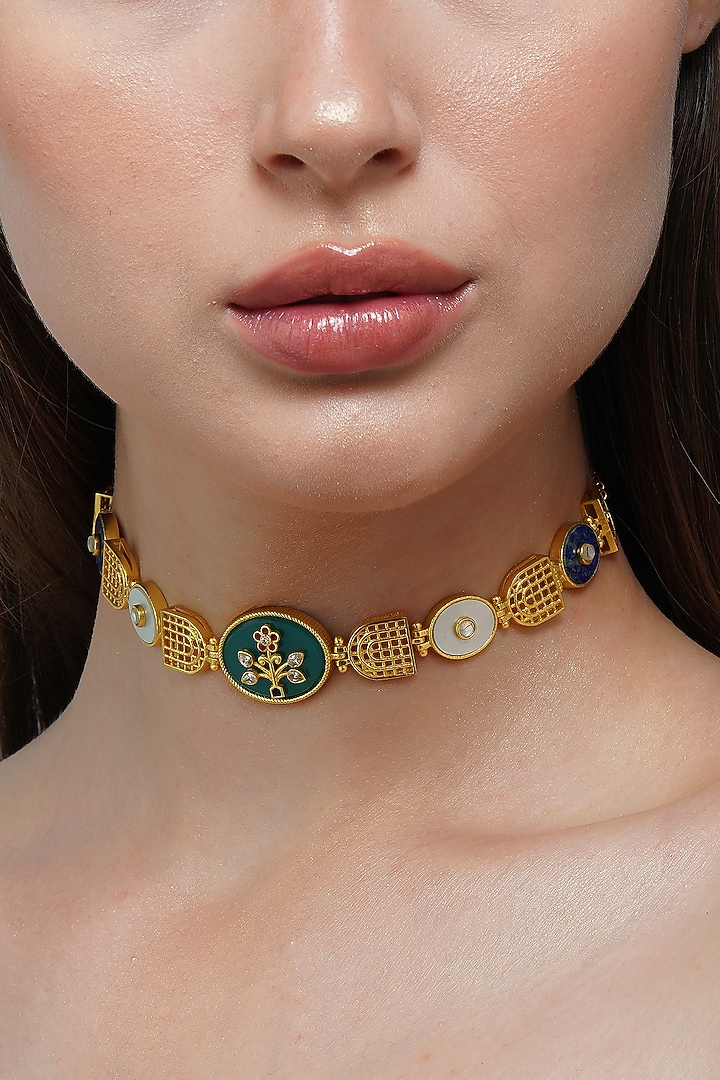 Gold Plated Green Onyx Enameled Choker Necklace by Zariin at Pernia's Pop Up Shop