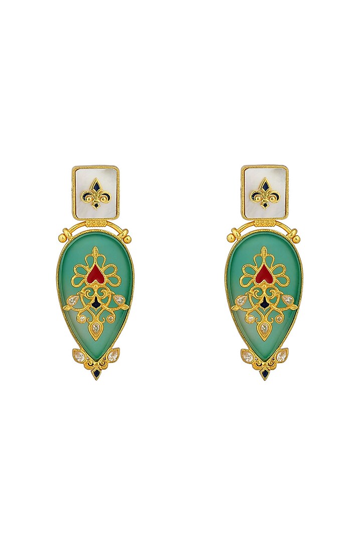 Gold Plated Green Onyx Enameled Earrings by Zariin at Pernia's Pop Up Shop