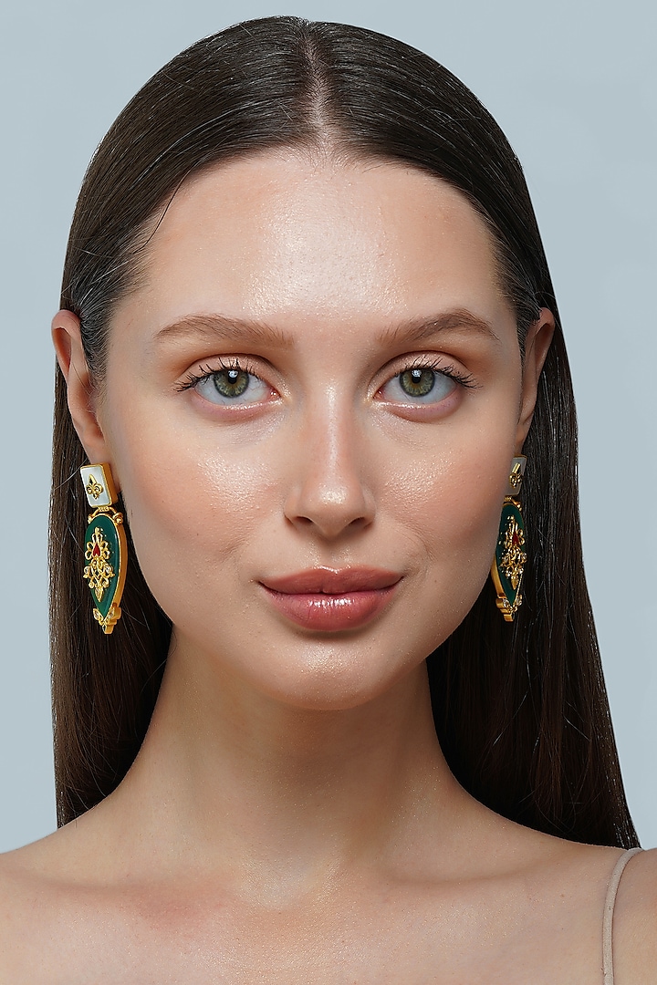 Gold Plated Green Onyx Enameled Earrings by Zariin