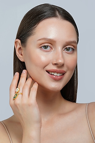 Gold Plated Green Onyx Enameled Ring by Zariin