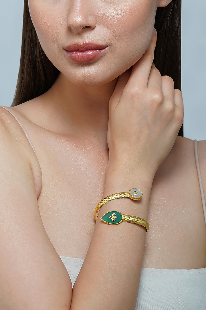 Gold Plated Green Onyx Enameled Cuff Bracelet by Zariin at Pernia's Pop Up Shop