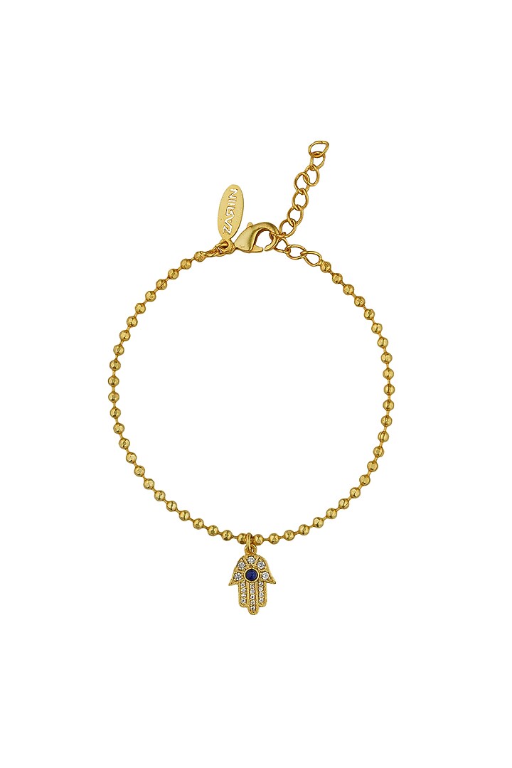 Gold Plated Cubic Zircon & Lapis Lazuli Hamsa Hand Bracelet by Zariin at Pernia's Pop Up Shop