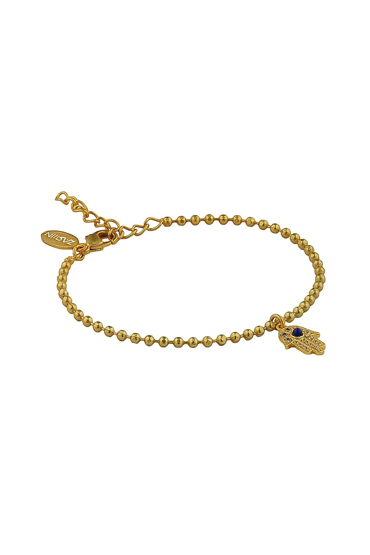 Gold Plated Cubic Zircon & Lapis Lazuli Hamsa Hand Bracelet by Zariin at Pernia's Pop Up Shop