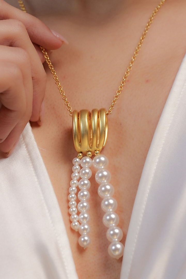 Gold Plated Pearl & Motif Pendant Necklace by Zariin at Pernia's Pop Up Shop