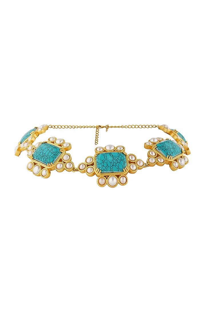 Gold Plated Turquoise Stone & Pearl Choker Necklace by Zariin at Pernia's Pop Up Shop
