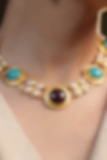 Gold Finish Turquoise Malachite & Pearl Choker Necklace by Zariin at Pernia's Pop Up Shop