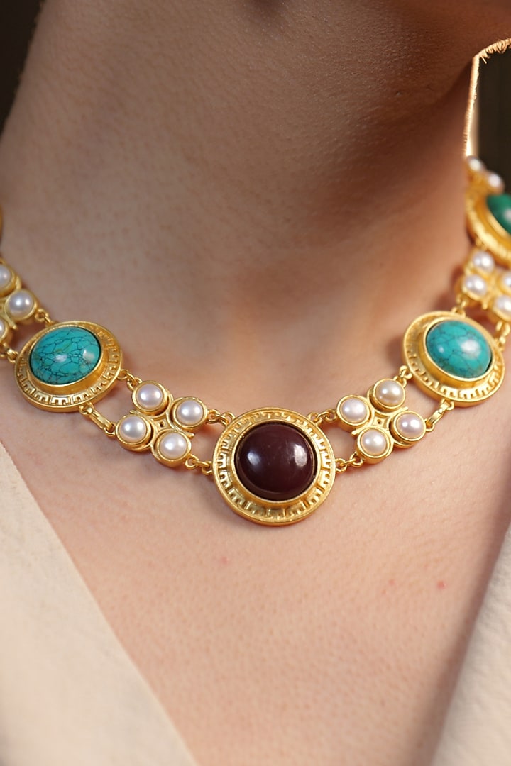 Gold Finish Turquoise Malachite & Pearl Choker Necklace by Zariin at Pernia's Pop Up Shop