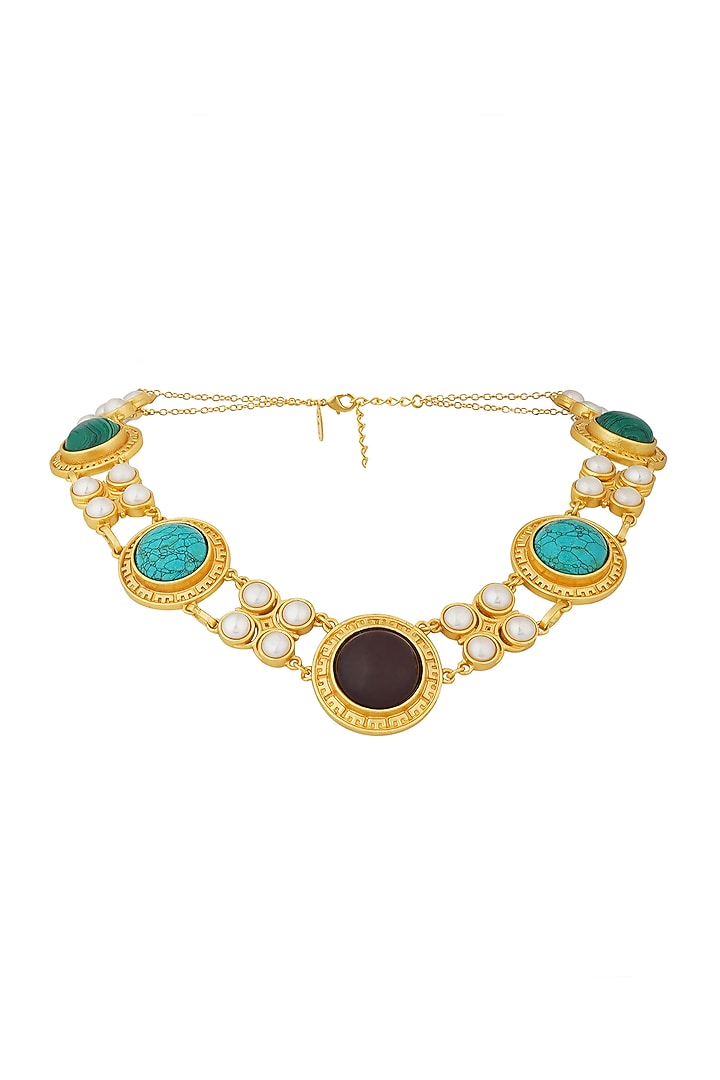Gold Finish Turquoise Malachite & Pearl Choker Necklace by Zariin at Pernia's Pop Up Shop