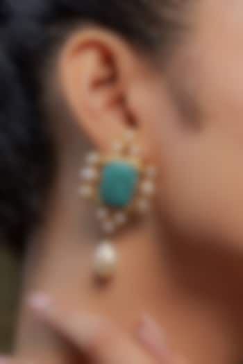 Gold Plated Turquoise Stone & Baroque Pearl Earrings by Zariin at Pernia's Pop Up Shop