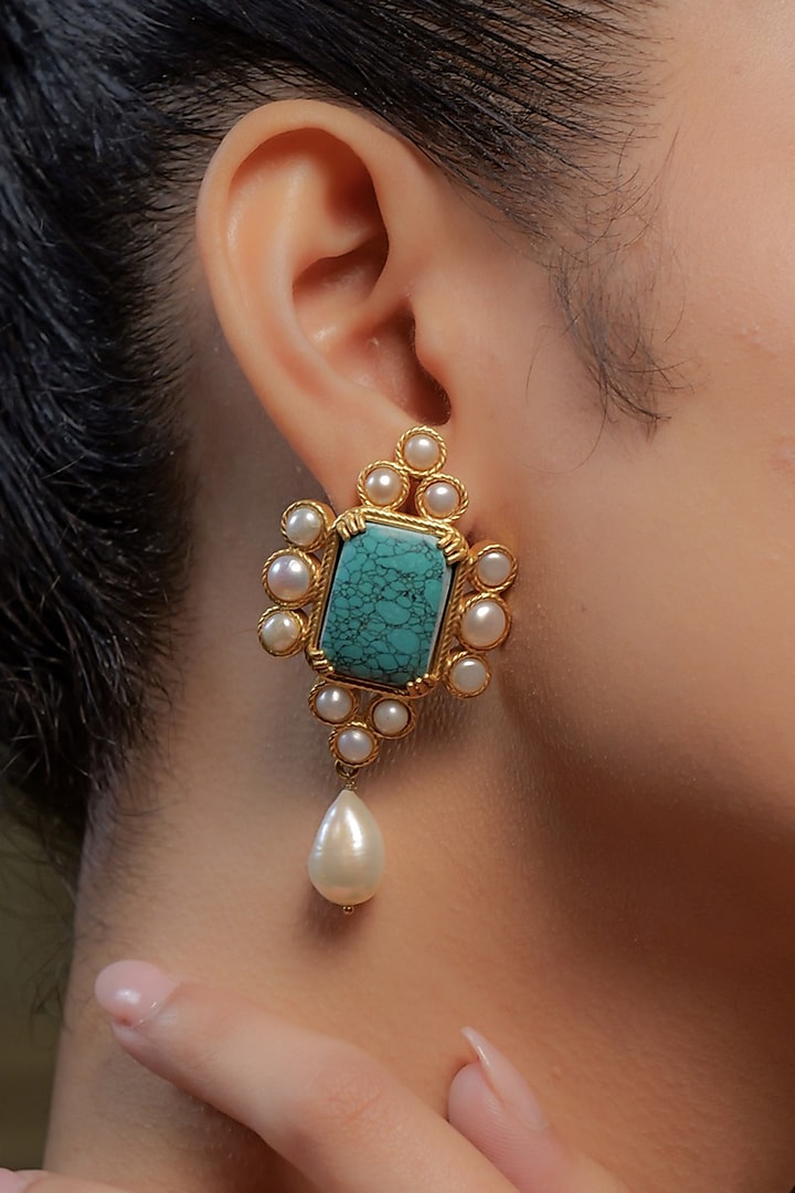 Gold Plated Turquoise Stone & Baroque Pearl Earrings by Zariin at Pernia's Pop Up Shop