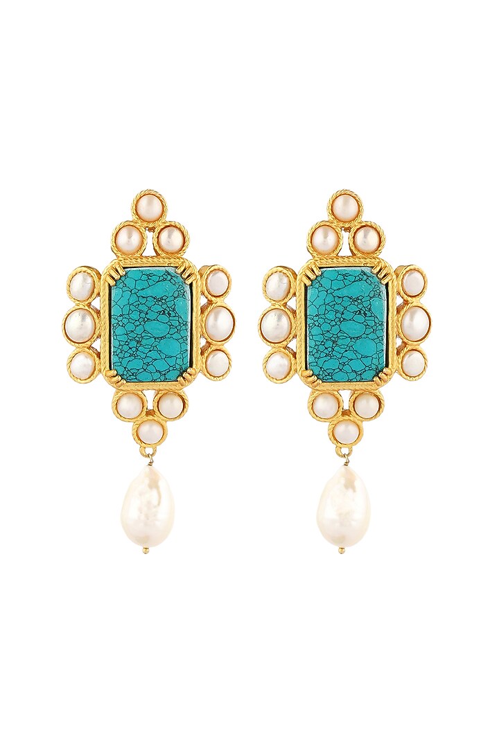 Gold Plated Turquoise Stone & Baroque Pearl Earrings by Zariin at Pernia's Pop Up Shop