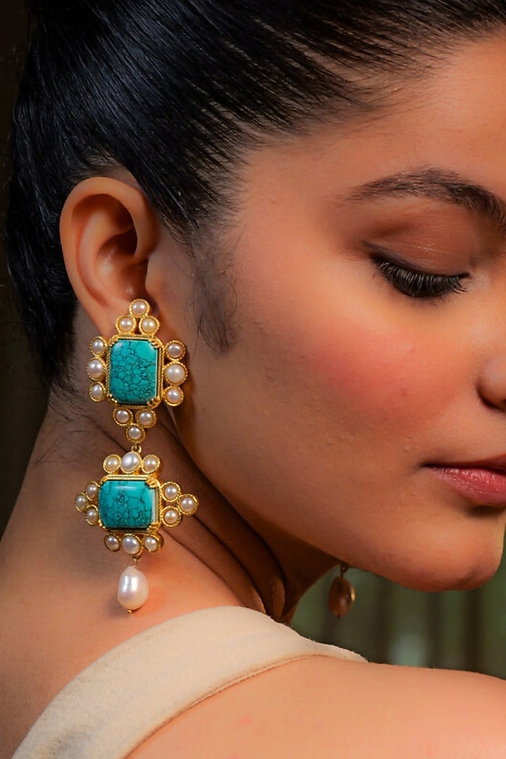Gold Plated Turquoise Stone & Pearl Earrings by Zariin at Pernia's Pop Up Shop
