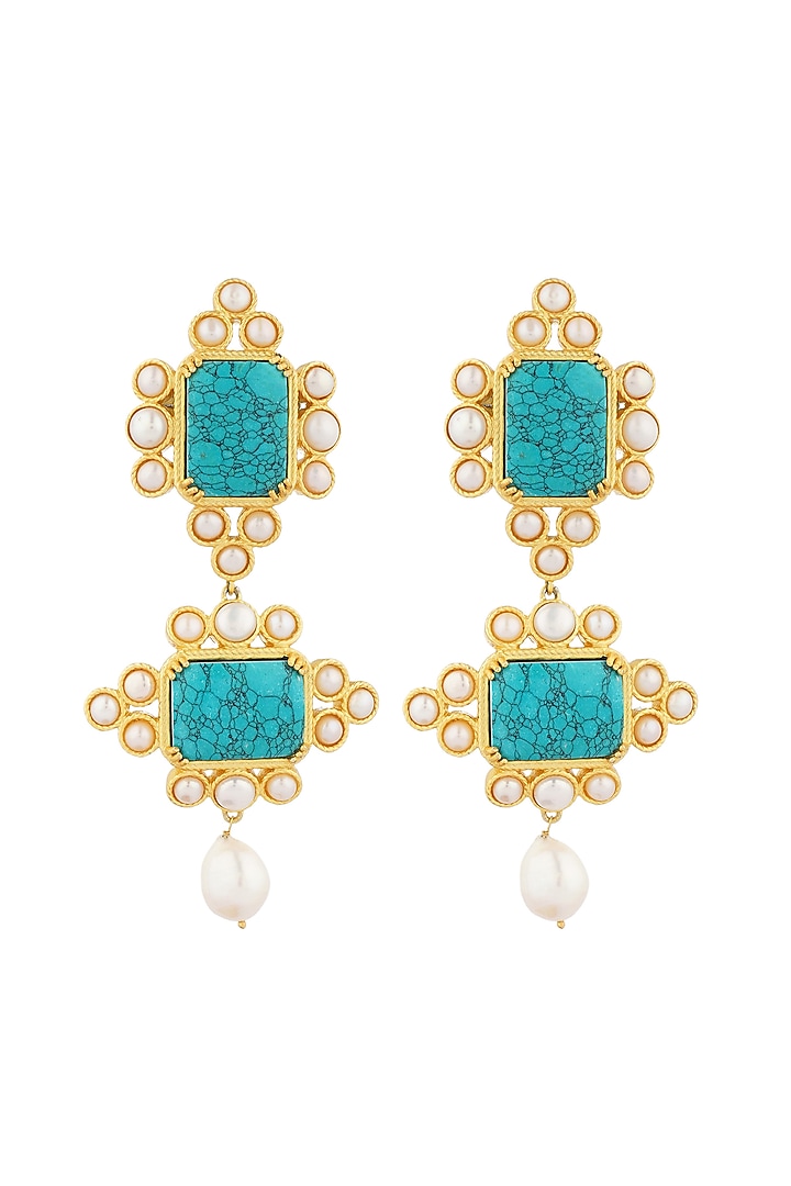 Gold Plated Turquoise Stone & Pearl Earrings by Zariin at Pernia's Pop Up Shop