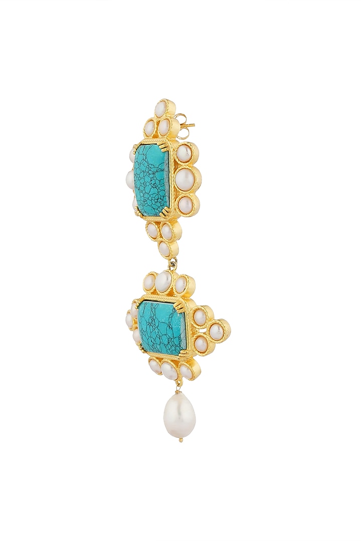 Gold Plated Turquoise Stone & Pearl Earrings by Zariin at Pernia's Pop Up Shop