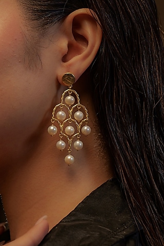 Gold Plated Pearl Drop Earrings by Zariin