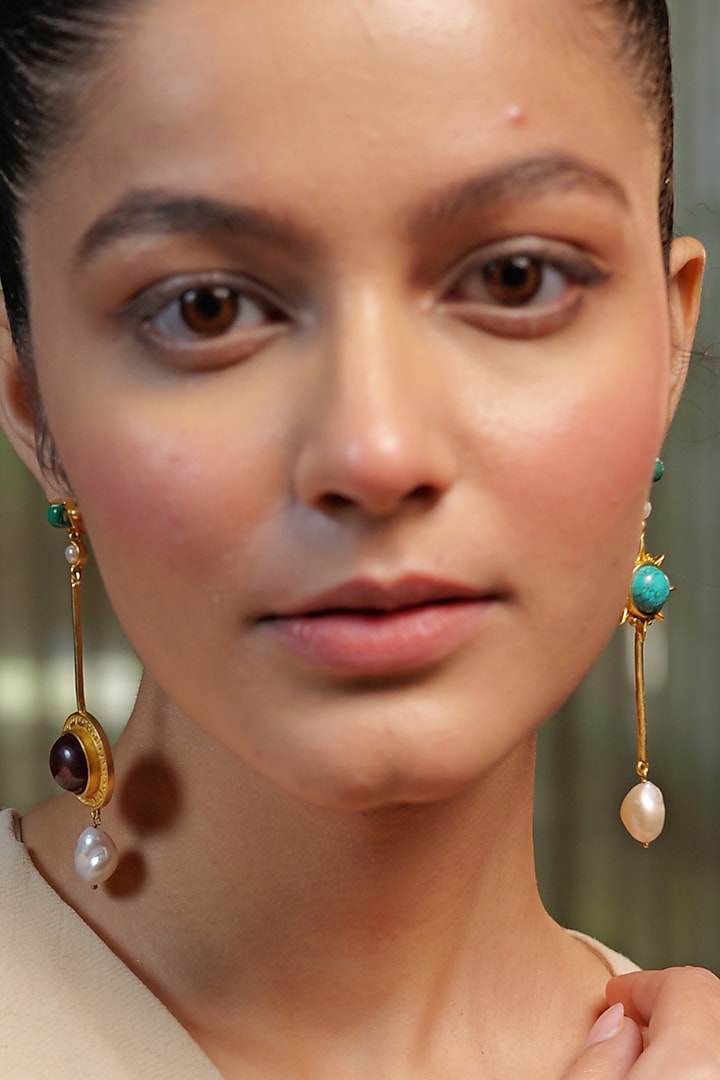 Gold Plated Pearl & Turquoise Malachite Earrings by Zariin at Pernia's Pop Up Shop