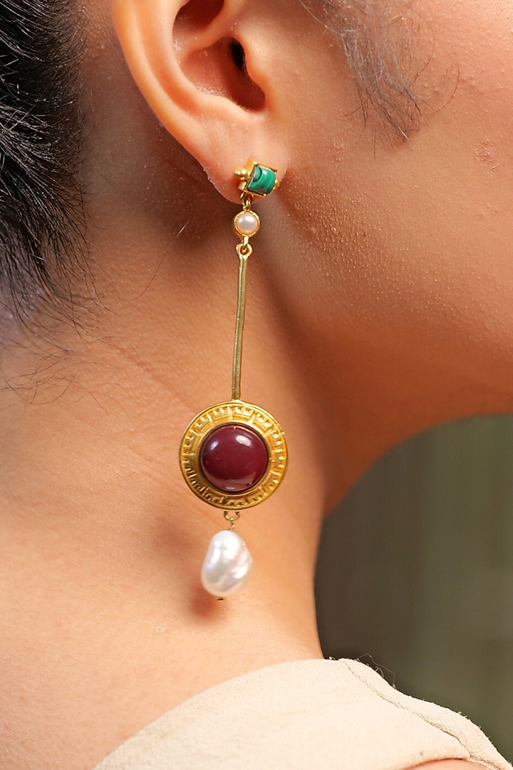 Gold Plated Pearl & Turquoise Malachite Earrings by Zariin at Pernia's Pop Up Shop