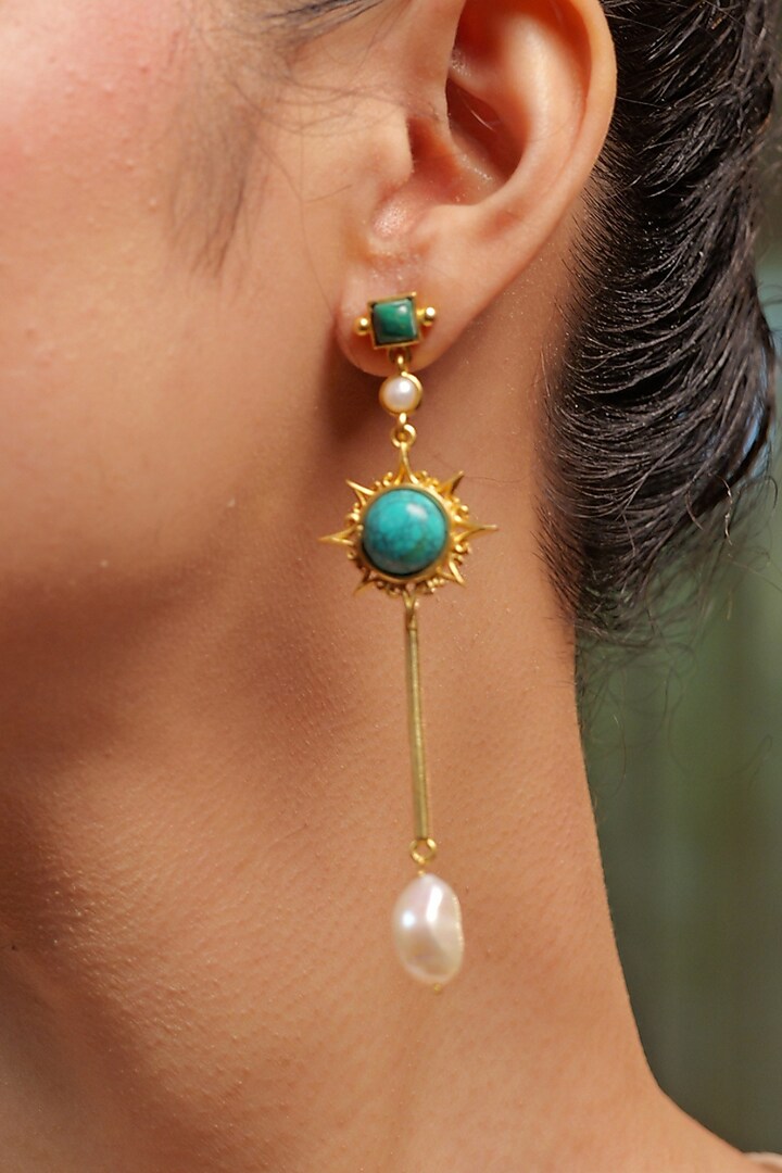 Gold Plated Pearl & Turquoise Malachite Earrings by Zariin at Pernia's Pop Up Shop
