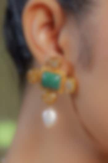 Gold Plated Baroque Pearl & Malachite Earrings by Zariin at Pernia's Pop Up Shop