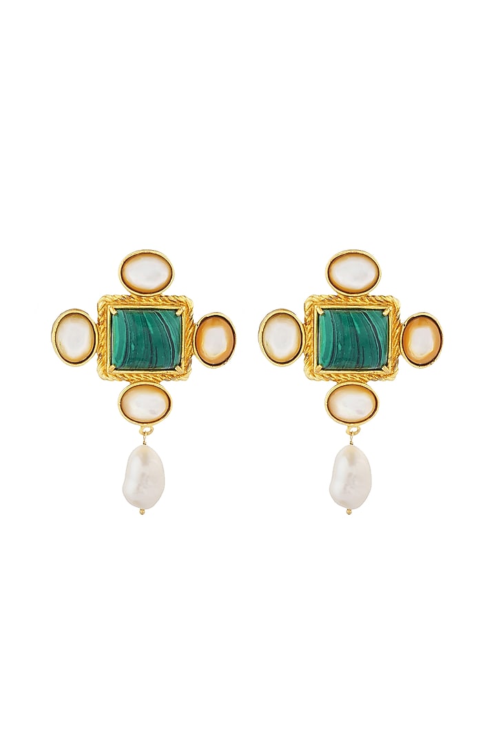 Gold Plated Baroque Pearl & Malachite Earrings by Zariin at Pernia's Pop Up Shop