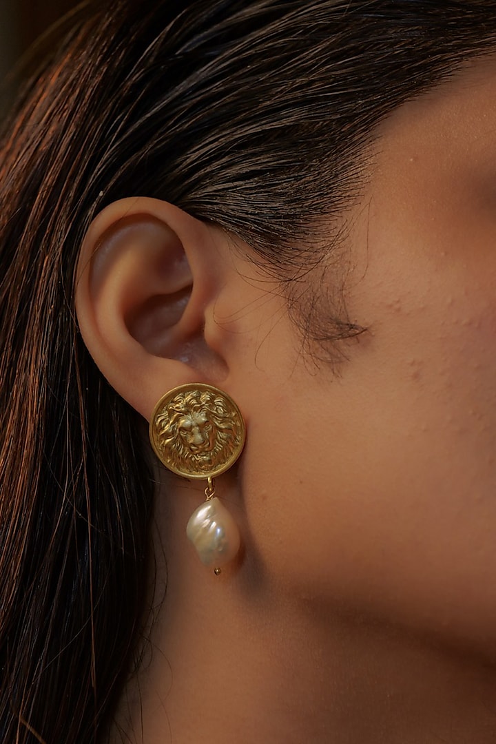 Gold Plated Baroque Pearl & Coin Earrings by Zariin at Pernia's Pop Up Shop