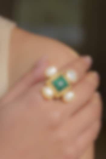 Gold Plated Malachite & Pearl Adjustable Ring by Zariin at Pernia's Pop Up Shop