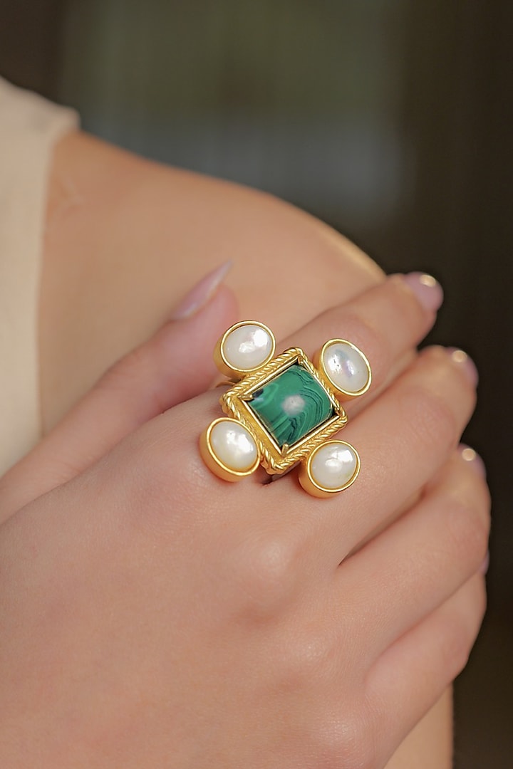 Gold Plated Malachite & Pearl Adjustable Ring by Zariin at Pernia's Pop Up Shop