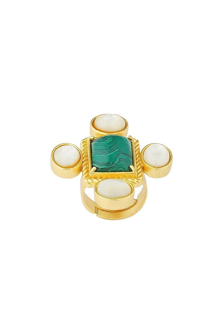 Gold Plated Malachite & Pearl Adjustable Ring by Zariin at Pernia's Pop Up Shop
