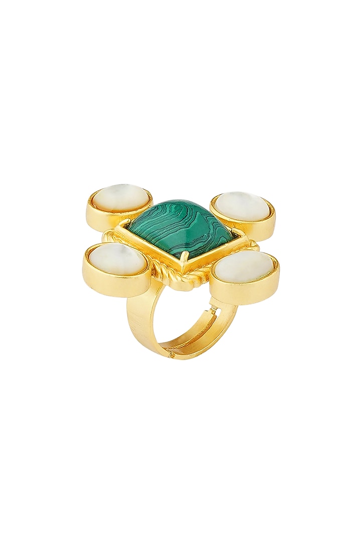 Gold Plated Malachite & Pearl Adjustable Ring by Zariin at Pernia's Pop Up Shop