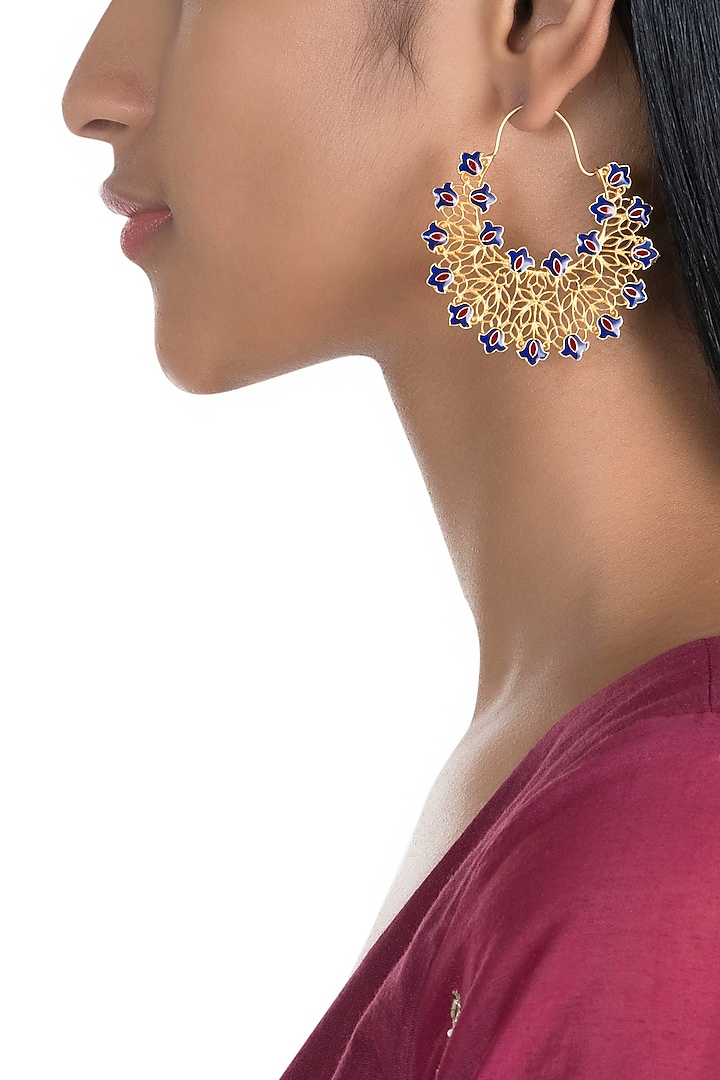Gold Polish Enameled Floral Hoop Earrings by Zariin