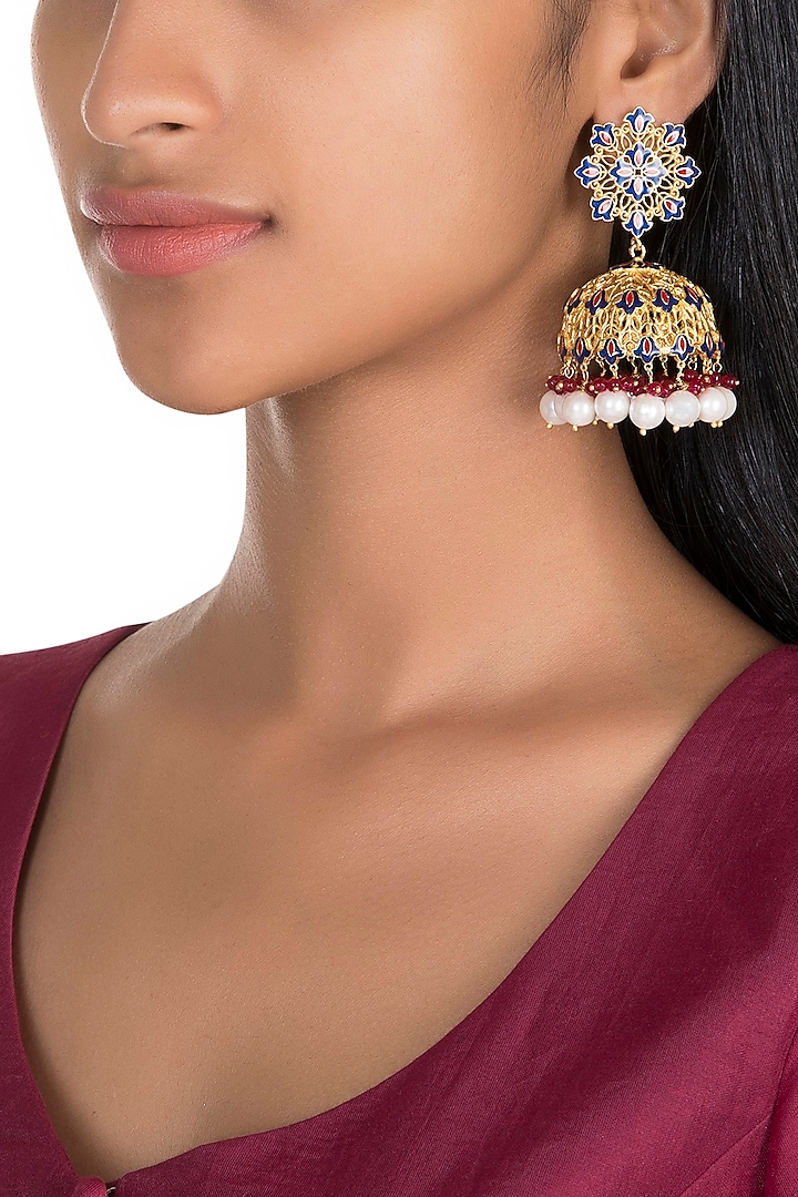 Gold Polish Enameled Pearl Jhumka Earrings by Zariin