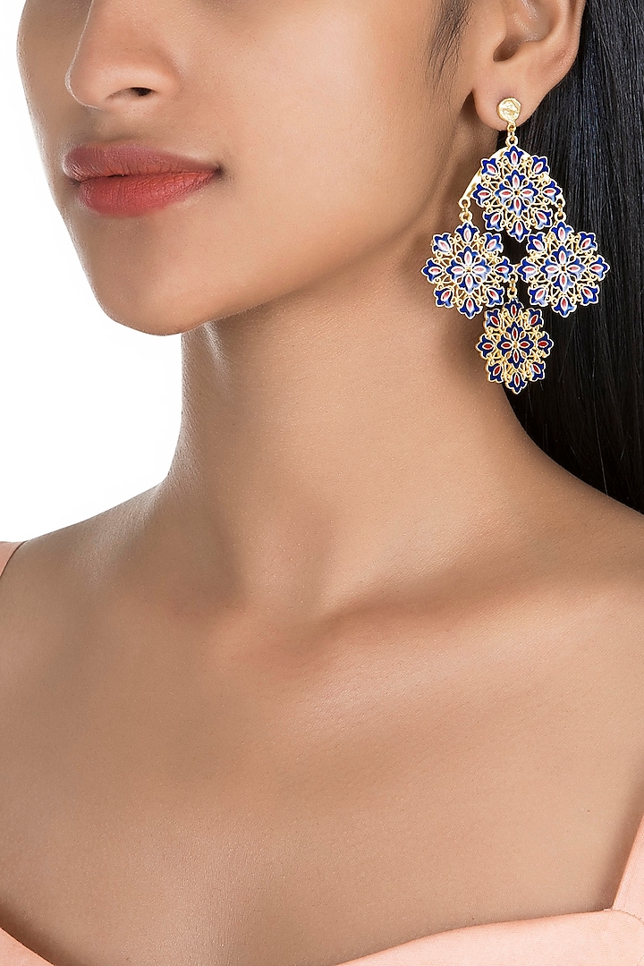 Gold Polish Enameled Floral Earrings by Zariin