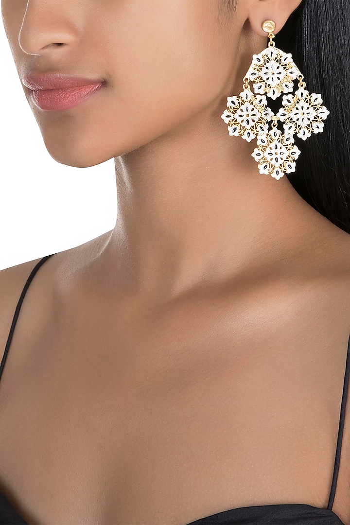 Gold Polish White & Black Enameled Floral Earrings by Zariin