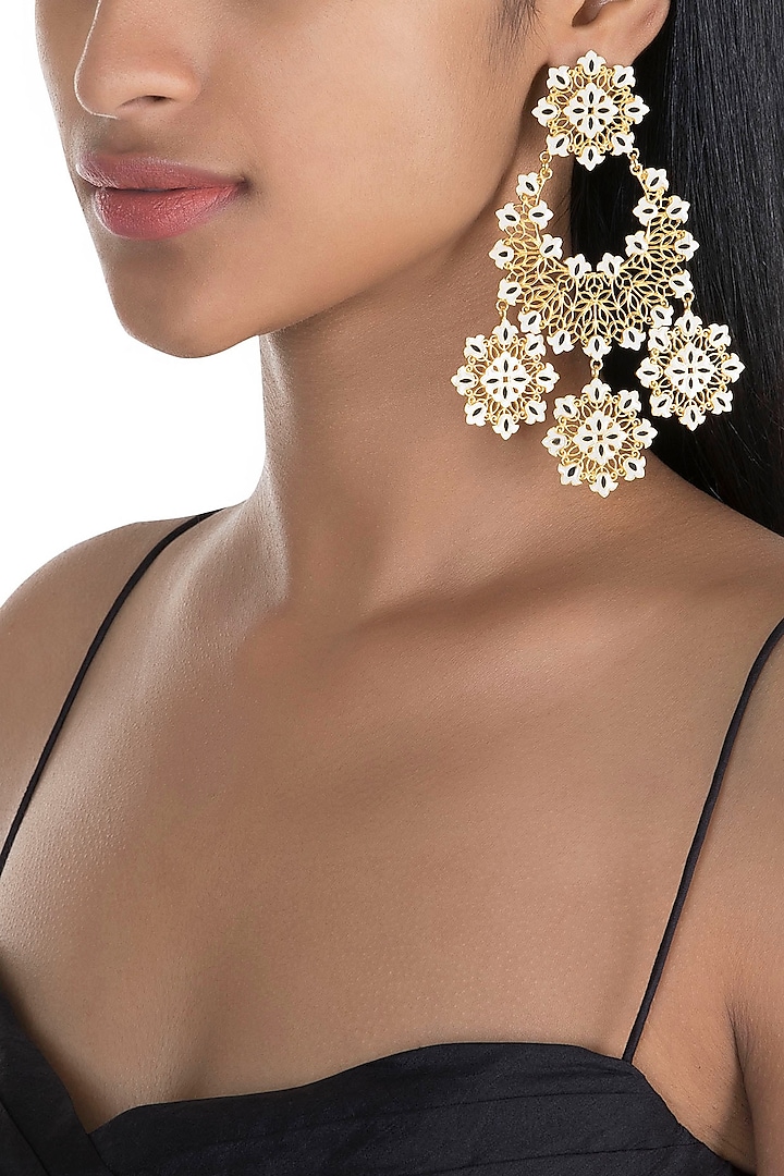 Gold Polish White & Black Enameled Floral Long Earrings by Zariin